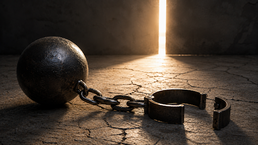 Broken chain and open shackle on cracked floor with light shining through a doorway